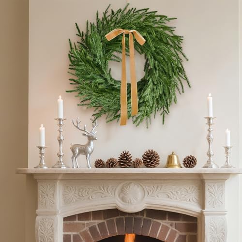 24 Inch Real Touch 2 Pcs Norfolk Pine Wreath Christmas Decorations for Front Door, Artificial Plants Green Christmas Wreath Home Decor, Xmas Decor for Mantel Wall Holiday Winter Decor - Image 4