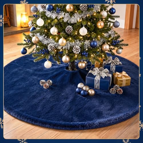 Viorawhite Navy Blue Christmas Tree Skirt, 60 Inch Large Faux Fur - Image 5