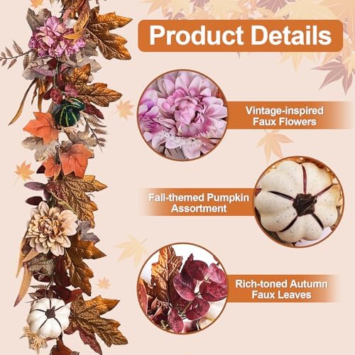 Montekin 6ft Fall Garland with Maple Leaves & White Pumpkins - Image 3