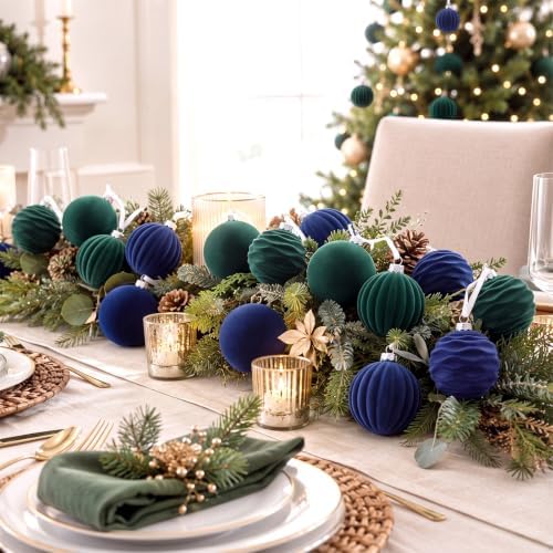 24 Pcs Velvet Christmas Ornament Vintage Ball Bulk, Blue Green - Image 5