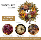 Fall Wreaths for Front Door 24 Inch Autumn Wreath with Pumpkins, Sunflowers - Image 4