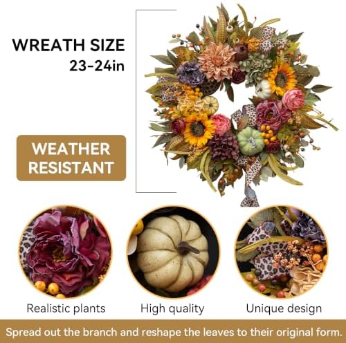 Fall Wreaths for Front Door 24 Inch Autumn Wreath with Pumpkins, Sunflowers - Image 4