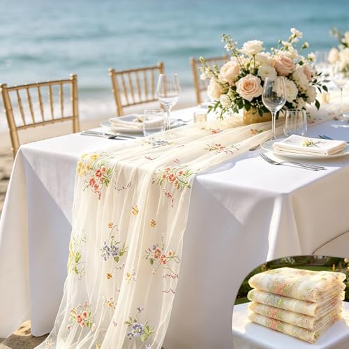 4 Pack Beige Wildflower Floral Table Runner 120", Embroidered Tulle Gauze for Wedding Reception, Boho Vintage Spring Summer Table Decor by Fanuk