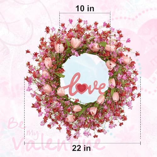 LLZLL Valentines Day Wreath Decor, 22inch Artificial Pink Wreath with Tulip Berry Green Leaf Element, Valentines Wreaths for Front Door Wedding Anniversary Party Candlelight Dinner Decorations - Image 5
