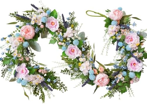 70 Inch Spring Garland, Pink Peony & Blue Daisy Artificial Garlands with Lavender & Eucalyptus,Flower Garland for Wedding Arch Mantel Table Front Door Window Home Decor by vivimemo