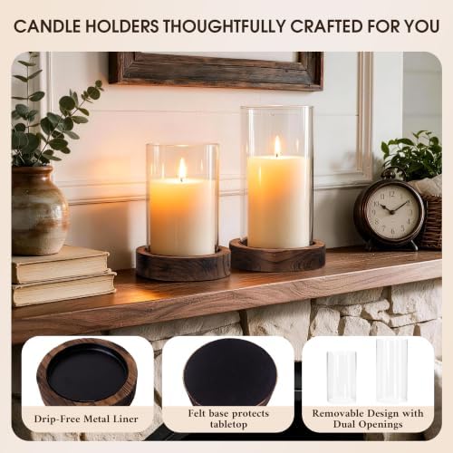 Hurricane Candle Holder Wooden: Set of 2 Candle Holder Pillar with Wood Base Clear Glass Sleeve – Rustic Wooden Candle Holders for Home Decor, Weddings, Table Centerpiece(Brown) - Image 4