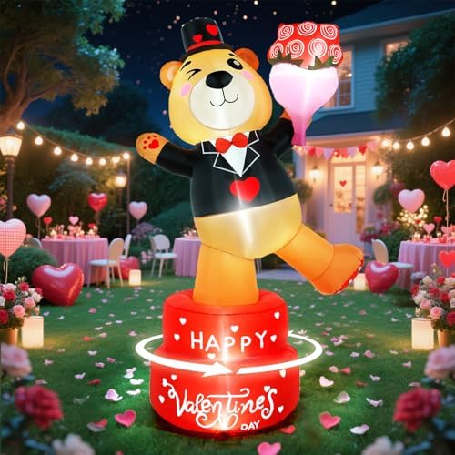 Valentines Day Inflatables Outdoor Decorations 6FT Giant Valentine Rotating Bear Inflatable Blow Up Decoration Valentine’s Day Decor with LED Lights for Sweet Party Wedding Home Yard Lawn by VIONMI