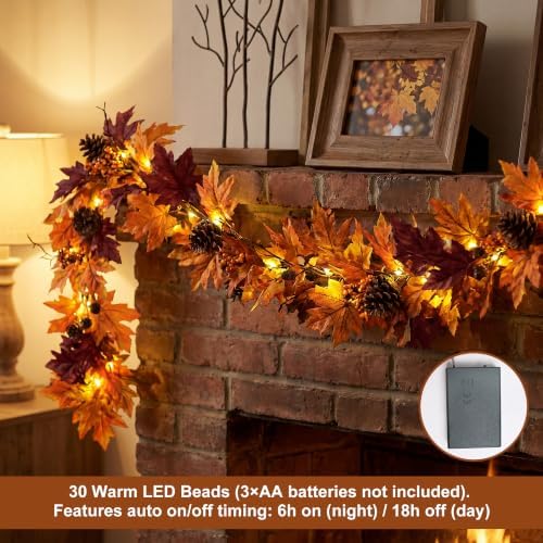 Ghrdopy 6Ft Fall Garland with 30 Lights & Timer Mantle Decor - Image 2
