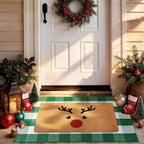 2 Piece Christmas Door Mat Set, Reindeer Coir Mat & Green Plaid Mat by PIXFAIRY