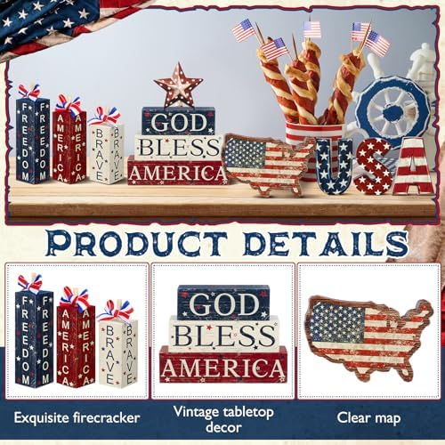 FoldTier 11 Pcs Patriotic Tiered Tray Decor Vintage 4th of July Table Sign - Image 5