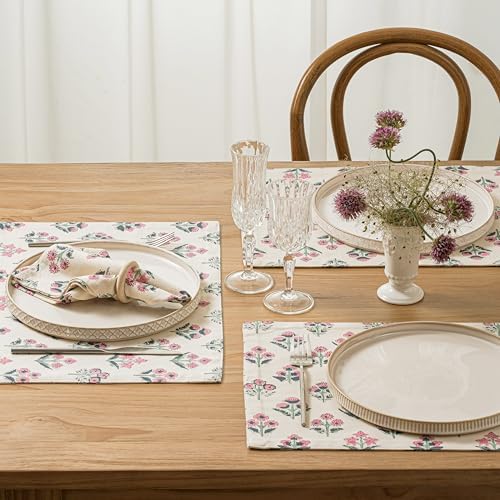 Block Print Floral Decorative Placemats Set of 6, Pink - Image 2