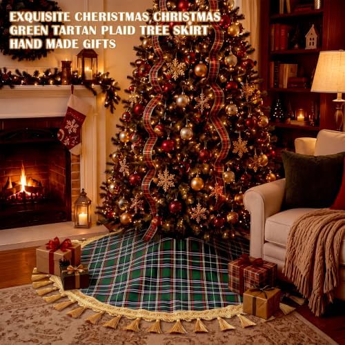 Blueweenly 48 Inch Christmas Tree Skirt, Green Plaid with Gold Tassel Edge - Image 5