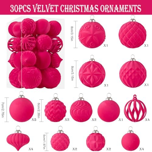 30pcs Velvet Christmas Ball Ornaments, Flocked Shatterproof Christmas Ornaments Hanging Xmas Tree Decorations Set for Home Party Holiday Decor (Multi-Size, Fuchsia Pink) - Image 2