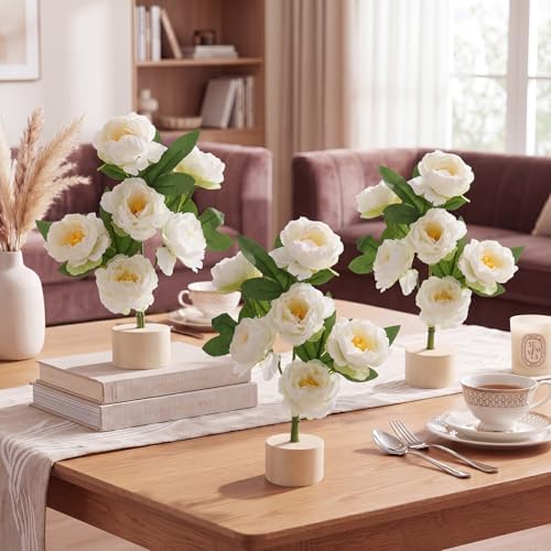 Soulchen 6 Pcs Faux Peony Flowers 12 Inch with Wood Base Tabletop Decor - Image 5