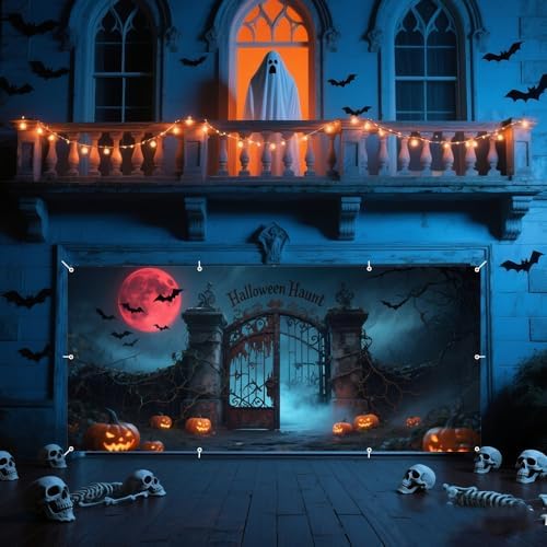 7x16ft Scary Halloween Garage Door Cover for Double Car Full Blood Moon Bats Iron Gate Haunted House Halloween Garage Door Banner Backdrop for Photography for Outdoor Party Decorations - Image 5