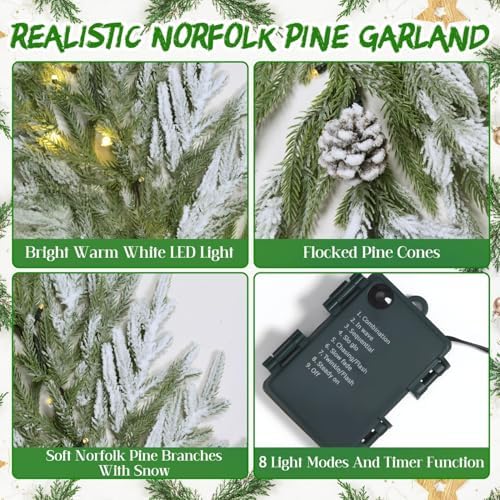 YoleShy 6FT Real Touch Norfolk Pine Garland Christmas Garland with Pinecone and White Snow Battery Operated Prelit Garland Christmas Decorations for Mantle Fireplace Xmas Home Decor - Image 5