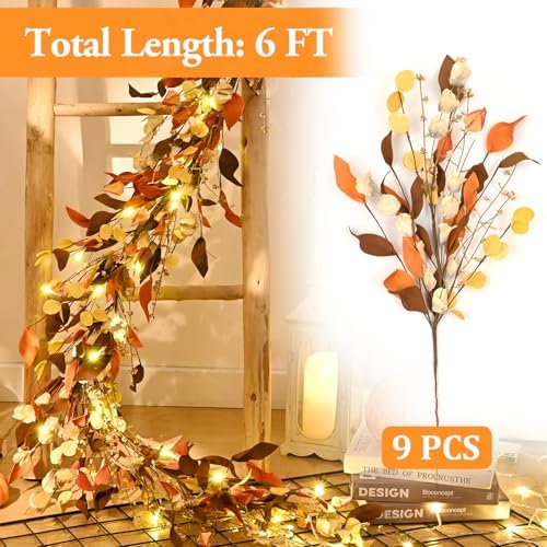 Waipfaru Fall Decor, 6FT Fall Garland with Lights Autumn Eucalyptus Leaves Lighted Garland Thanksgiving Harvest Festival Decoration for Home Mantle Porch Outdoor Indoor Wedding Window Wall Arch(2 PCS) - Image 3
