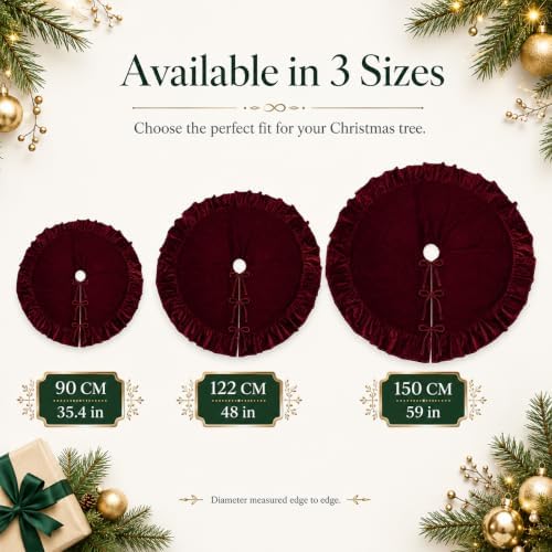 WineRed Velvet Christmas Tree Skirt with Ruffled Edge,60" - Image 6