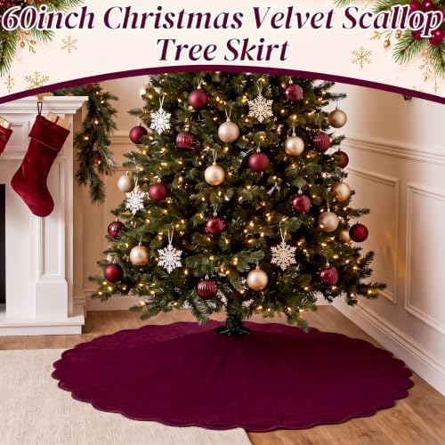 RoundFunny Burgundy Christmas Tree Skirt Velvet Tree Skirts, 60 Inch - Image 5