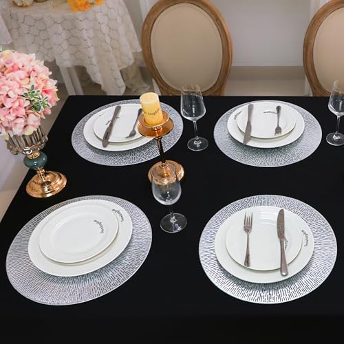 Snowkingdom Silver Placemats Set of 18, 15 Inch Round Metallic Hollow Vinyl Place Mats, Washable Wipeable Non Slip Kitchen Dining Table Mats for Christmas Thanksgiving Holiday Wedding Party Decoration - Image 2