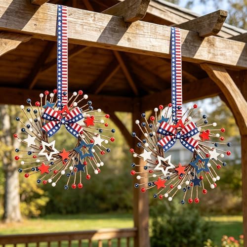 10 PCS Small Patriotic Wreath Mini 4th of July Wreaths for Kitchen Cabinets Farmhouse Red White Blue Candle Rings with Star Decor & Ribbon for Independence Day Kitchen Cabinet Window Wall Decor - Image 2