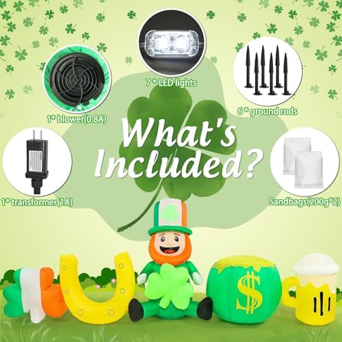 St Patricks Day Inflatables Outdoor Decorations 8FT Leprechaun Inflatable with Shamrock Horseshoe Pot of Gold Beer Cup Yard Lawn Party Garden Home Holiday Irish Saint Patrick’s Blow Up Décor - Image 4