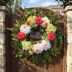 24" Summer Wreaths for Front Door with Hello Sign,Hydrangea Wreath with Pink Dahlia Flowers Eucalyptus.Summer Wreath for Front Door,Porch,Farmhouse,Wall,Window Indoor Outdoor Decor - Image 4