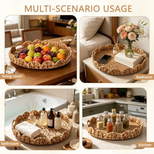 Foxtell Round Rattan Tray, 19.7" Hand Woven Basket, Large Round Ottoman Table Tray with Handles for Home and Kitchen Decorative, Breakfast, Tea, Snack, Fruit, Coffee, Storage - Image 5