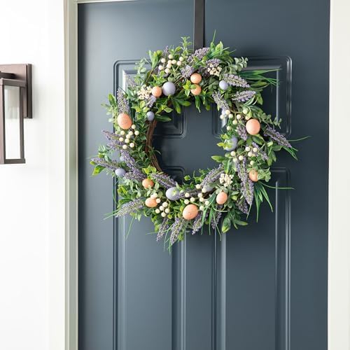 Glitzhome 22" D Easter Wreath with Artificial Easter Eggs Berries and Lavender for Front Door Wall Decor, Spring Easter Garland with Colored Eggs Berries Holiday Decoration - Image 3