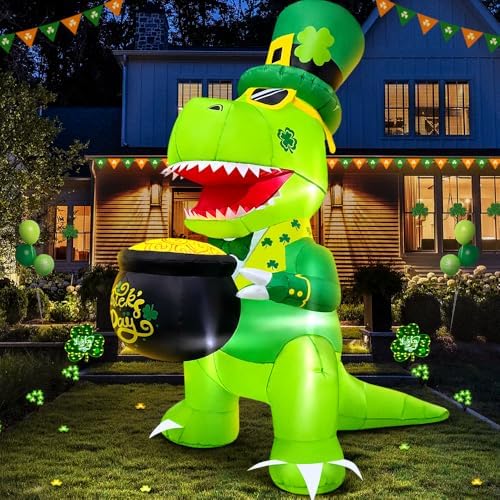 KOOY 5 FT St Patricks Inflatable Dinosaur Hold Gold Pot Outdoor Decor with Shamrock Hat, Saint Patricks Blow Up Inflatable Irish Decorations for Yard Holiday Party Blow Up Yard Decorations by KOOY