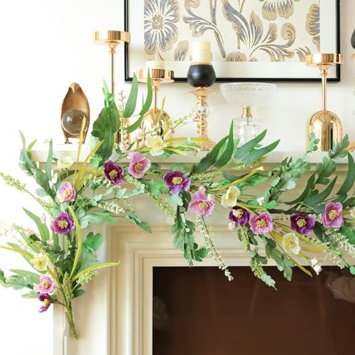 Mizii Purple Artificial Flower Garland 6FT Fake Poppy Floral Garland Hanging Vines Spring Summer Flowers Decorations for Mantle Table Centerpieces Room Wall Fireplace Wedding Decor (Purple) - Image 4
