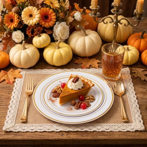 FLOWERCAT 60PCS Gold Plastic Plates - Heavy Duty White and Gold Plastic Plates Disposable for Fall Party/Wedding/Thanksgiving - Include 30PCS 10.25" Dinner Plates and 30PCS 7.5" Dessert Plates - Image 6