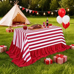 Fanqisi Ruffle Table Cloth Red and White Striped Tablecloth - 90 x 132 Inch Waterproof Tablecloths Rectangle Red Polyester Table Cover for Birthday Wedding Baby Shower Picnic Holiday Party Decoration - Image 4