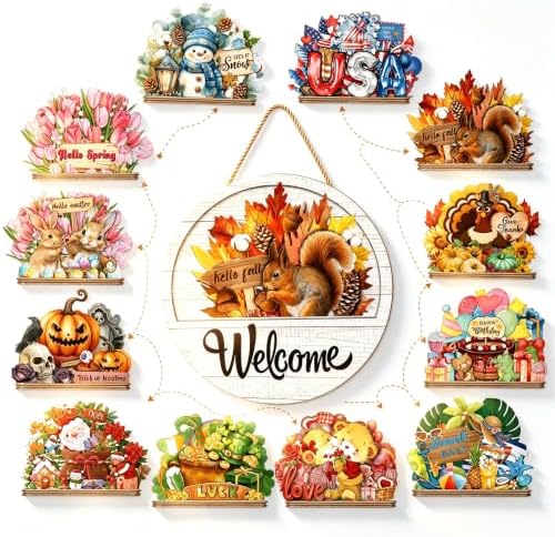 Interchangeable Welcome Sign for Front Door - 11.8'' Magnetic Seasonal Wood Hanging Sign with 16 Magnetic Icons, Interchangeable Welcome Sign for Front Door，12pcs by Unknown