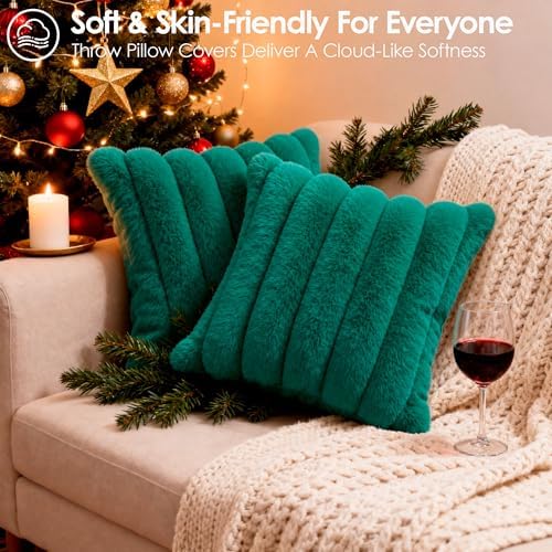 Faux Fur Decorative Throw Pillow Covers 20x20 Set of 2, Green - Image 4