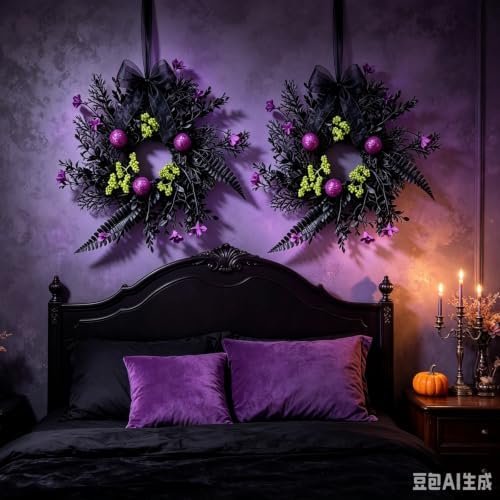 6 Pcs Small Halloween Hanging Wreaths with Black Fern Foliage Purple Glitter Balls Lime Green Berry Clusters Purple Flowers Black Sheer Bow Gothic Mini Cabinet Wreath for Home Kitchen Halloween Party - Image 3