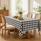 JIALE Gingham Tablecloth Rectangle Cotton Linen Fabric Checkered Table Cloth with Tassel Washable Wrinkle Free Buffalo Plaid Table Cover for Party Outdoor Picnic Kitchen Dining, Black White, 55x106 - Image 3