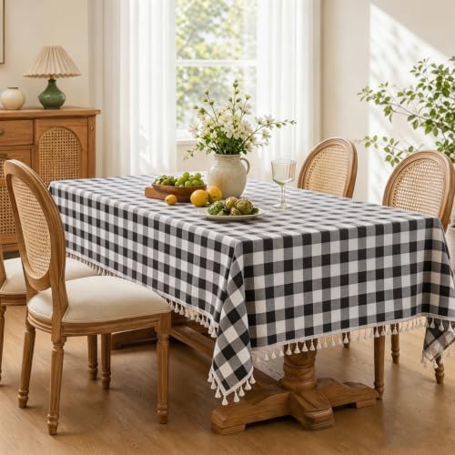 JIALE Gingham Tablecloth Rectangle Cotton Linen Fabric Checkered Table Cloth with Tassel Washable Wrinkle Free Buffalo Plaid Table Cover for Party Outdoor Picnic Kitchen Dining, Black White, 55x106 - Image 3