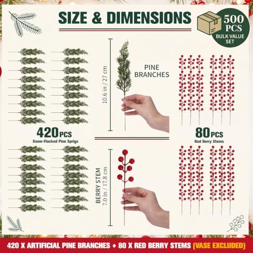 500 Pcs Artificial Christmas Snow Pine Branches with Red Berry Stems 10.6" Snowy Faux Greenery Pines Christmas Picks and Sprays Fake Foliage Pine Needle Picks for Wreaths Garland Home Decor - Image 2