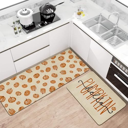 Fall Thanksgiving Pumpkin Kitchen Rugs Set of 2,Orange Hello Pumpkin Wooden Farmhouse Floor Mats and Rugs Non Skid Washable for Kitchen Home Decor (17"x47"+17"x30") - Image 2