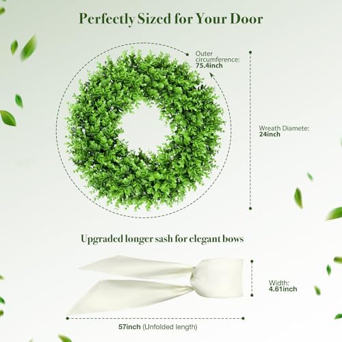 24" Boxwood Wreaths for Front Door – Large Boxwood Wreath with Sash - Image 3