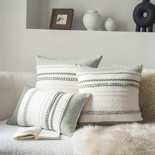 Cethom Boho Throw Pillow Covers 20x20 Inch Set of 2, Green Textured Decorative Couch Pillow Cases for Farmhouse Home Decor, Accent Cushion Cover for Sofa, Bed, Living Room, Bedroom - Image 2