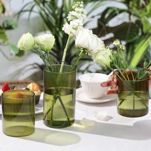 Glass Cylinder Bud vases for Centerpieces, 6 Inches Clear Ribbed Glass Vases Bulk for Wedding Table Decor, Loral Vase Bulk Flower vases, Tall Hurricane Candle Holder for Table Shelf, Party (Green) - Image 5