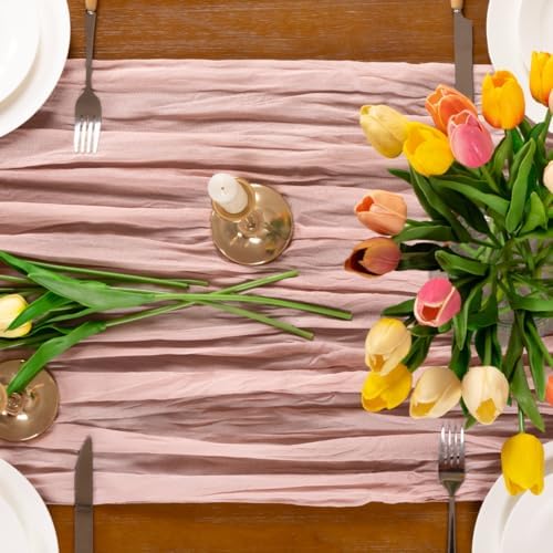 Dusty Pink Cheesecloth Table Runner Boho Wrinkled Gauze Table Runners - Image 6