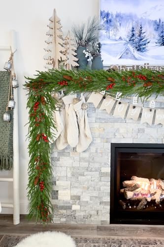 Hollyone 9FT Norfolk Pine Garland Real Touch Winter Pine Garland with Red Berry Christmas Garlands Artificial Greenery for Table Mantle Wall Indoor Outdoor Mantle Holiday Christmas Home Decor - Image 5