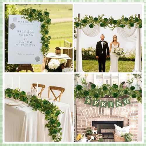 1 Pack Artificial Garland Eucalyptus Vine with 12 Roses for Home Decor Wedding Table Runner Centerpiece DIY Wreath Decor (Green) - Image 4
