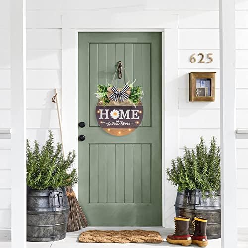 Interchangeable Seasonal Welcome Sign Front Door Decoration with 4 Seasonal Wreaths and LED Light, Rustic Round Wood Wreaths Wall Hanging Outdoor, Farmhouse Front Door Decoration Home Décor - Image 4