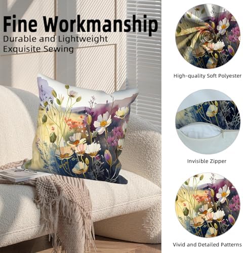Wild Flower Throw Pillow Covers 24''x24'' Set of 4, Spring Blooming Floral Garden Pillowcases Colorful Printed Cushion Covers for Couch Sofa Home Bedroom Farmhouse Livingroom Patio Car - Image 2