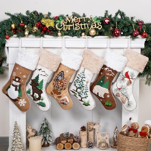 LUBOT 5 Pack Christmas Stockings Set of 5 Large Family Xmas Stocking Leather Embroidered 20" Modern Rustic Farmhouse Country Fireplace Hanging Holiday Decor - Image 6