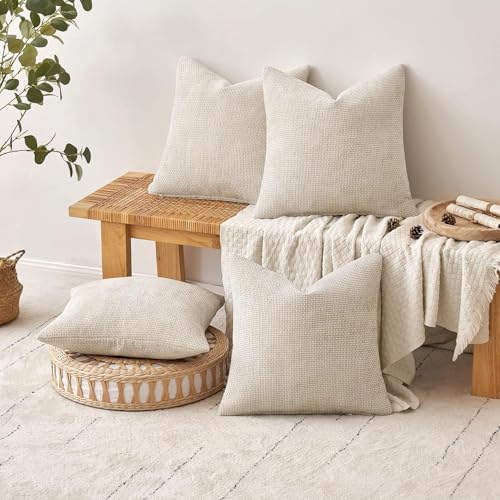 MIULEE Soft Decorative Chenille Euro Pillow Covers Cream 22x22 Pack of 4 - Image 4